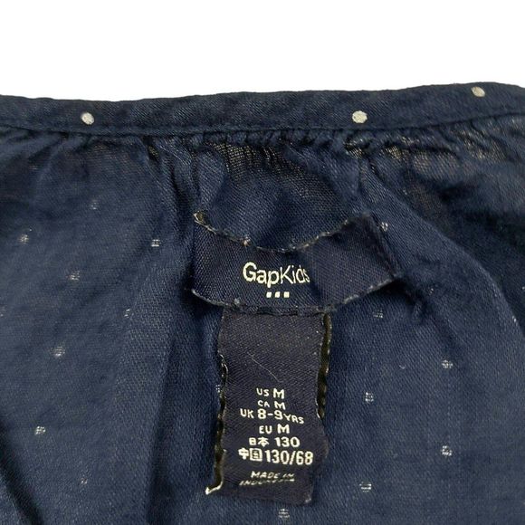 Gap Kids Girls Blouse Medium Navy Polka Dots Short Sleeve Tie Front Button Up - Picture 10 of 11